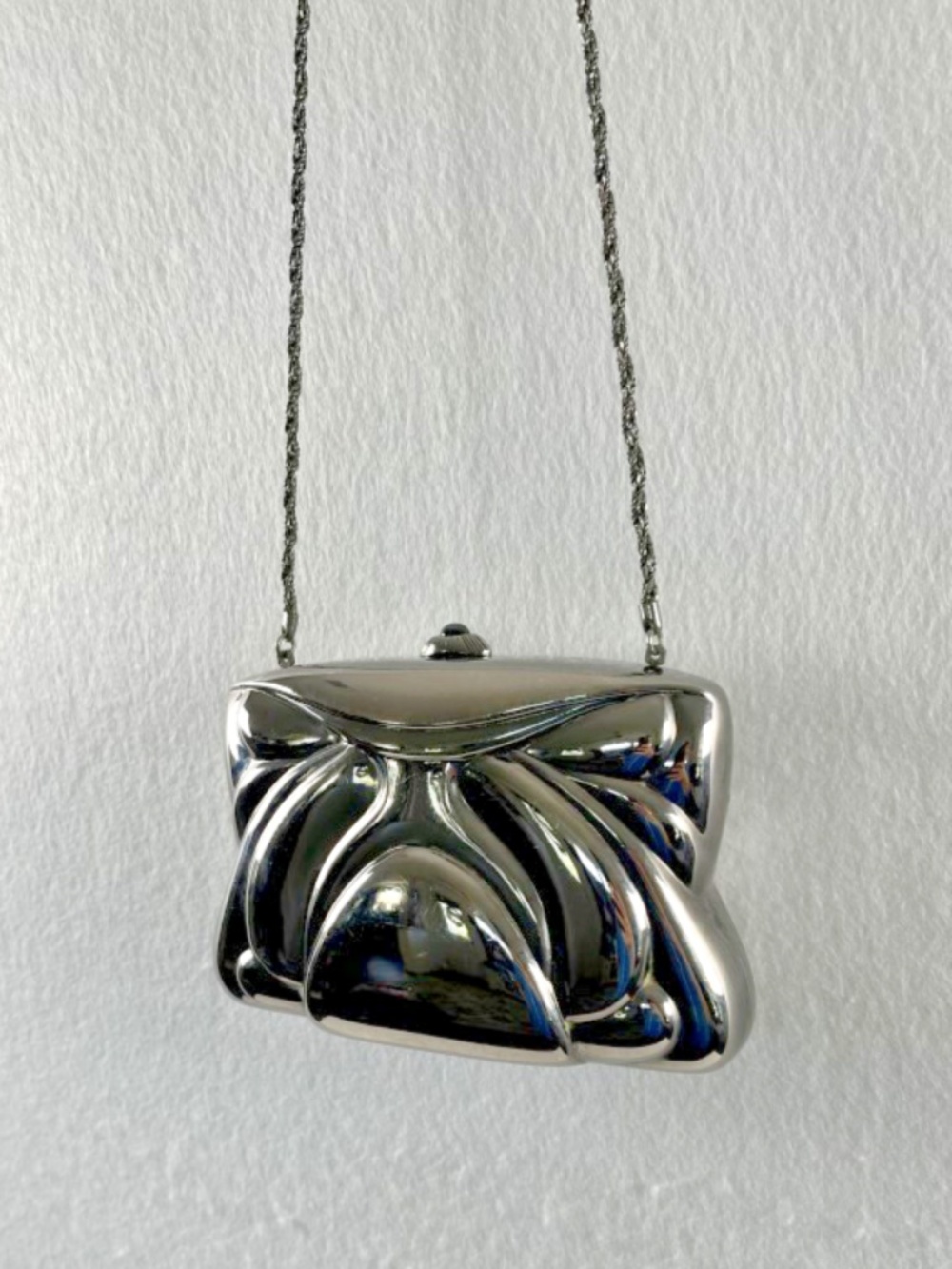 VTG 80s Gunmetal Chrome Hard Case Clutch Abstract Sculpted Mineudiere Bag Artsy